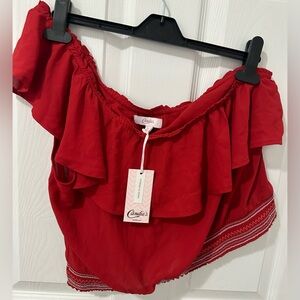Candies Womens Red Fringed One Shoulder Top. XL